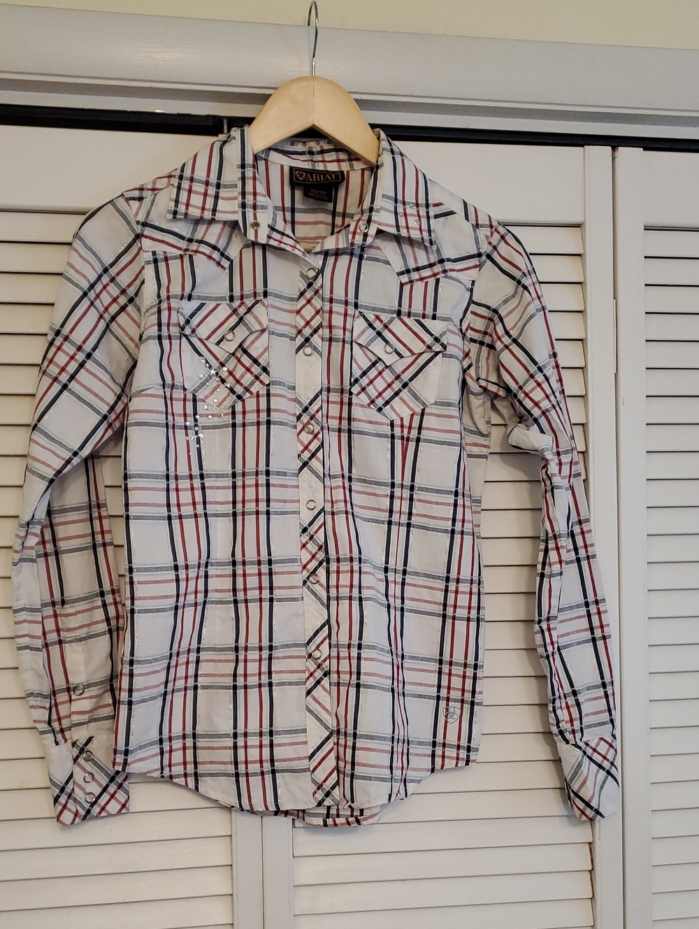 Ariat Western Plaid Red, White, and Blue Silver Bling Shirt, Size XS